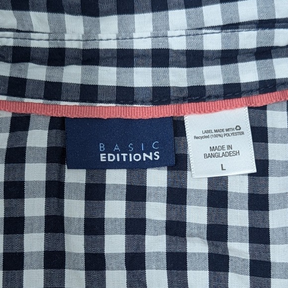 Gingham Midi Shirt Dress Large Navy White Flip Cuff 100% Cotton Country Cottage‎ - Picture 6 of 10